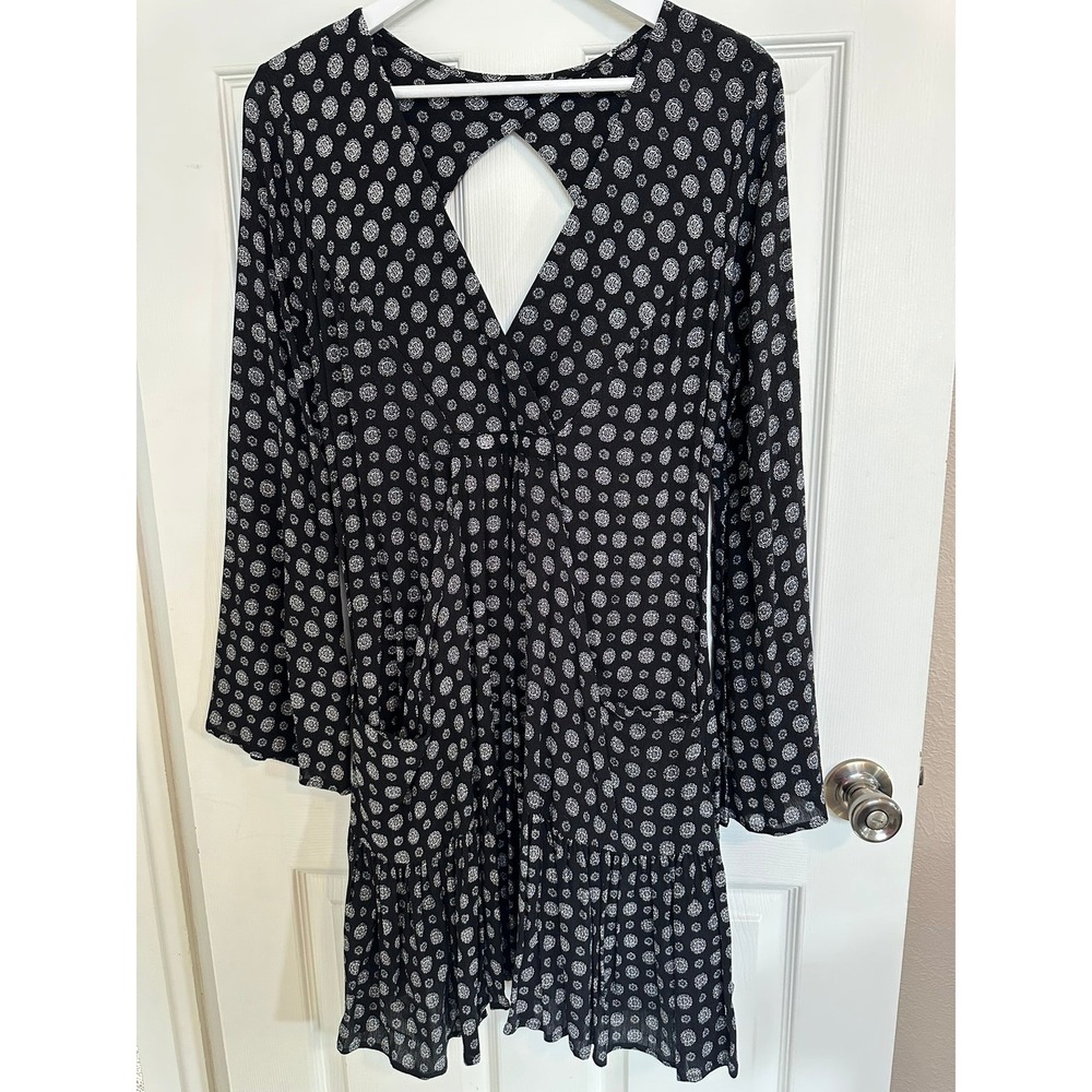 PPLA‎ Mara M Smock Dress Black White Keyhole Cutout Tiered Ruffle w/ Pockets